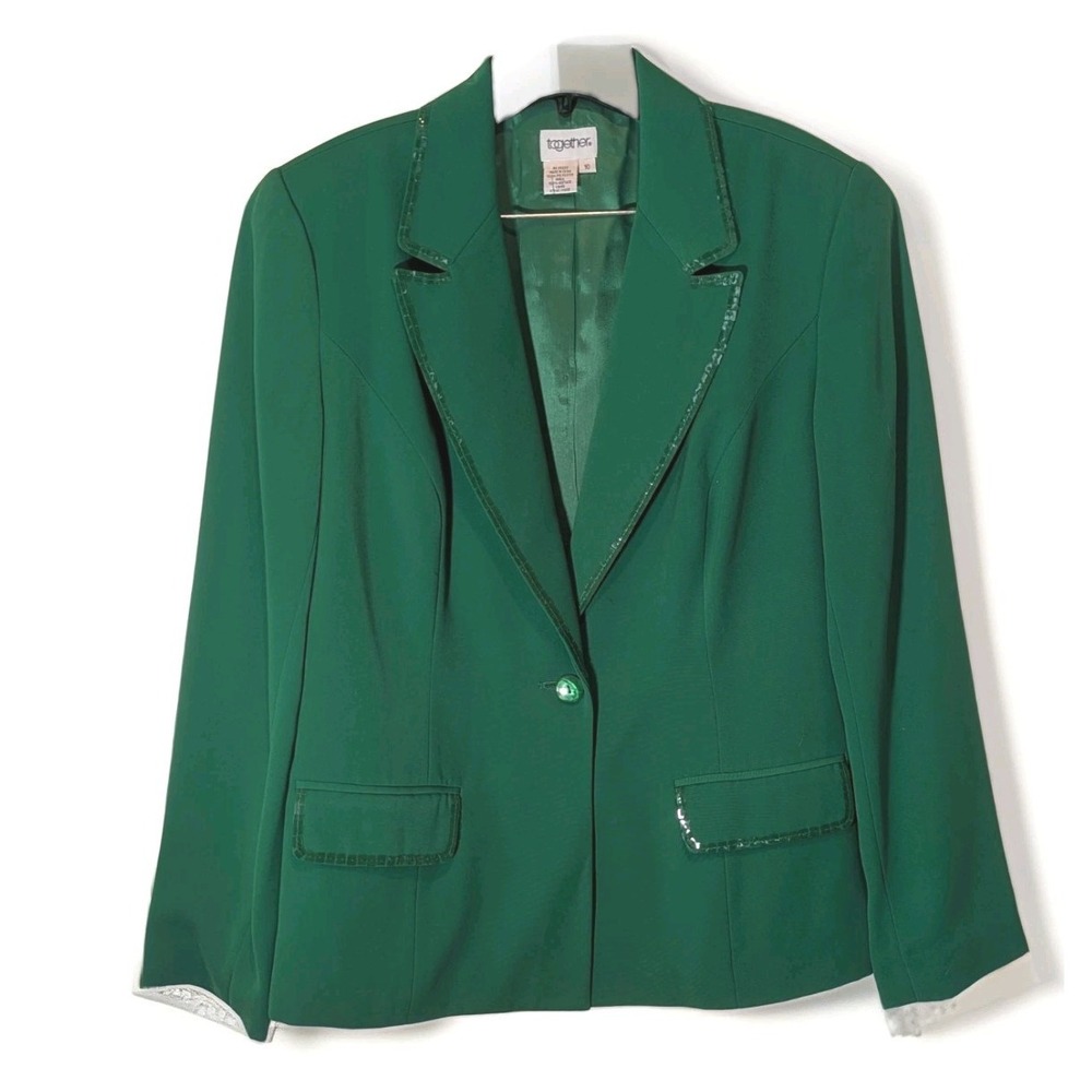 Vintage 90s Emerald Green Sequin Trim Blazer Statement Piece Together Size 10